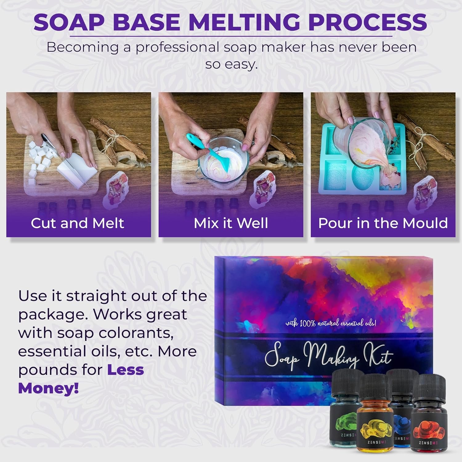 Soap Making Kit for Adults, Make Your Own Soap with Melt and Pour Diy Natural Soap Supplies; 6 Essential Oils, Silicone Soap Mold, Spoon, Dried Flowers, 2Lbs. Shea Butter Soap Base, 4 Colors, 9 Labels