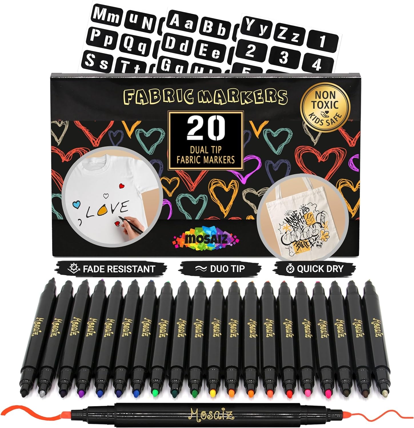 Fabric Markers Set of 26 Colors, Fabric Pens Permanent, Canvas Markers Fabric Paint Pens, Fabric Crayons for Fabric Decorating, with Gold and Silver Shirt Paint and 36 Letter Stencils