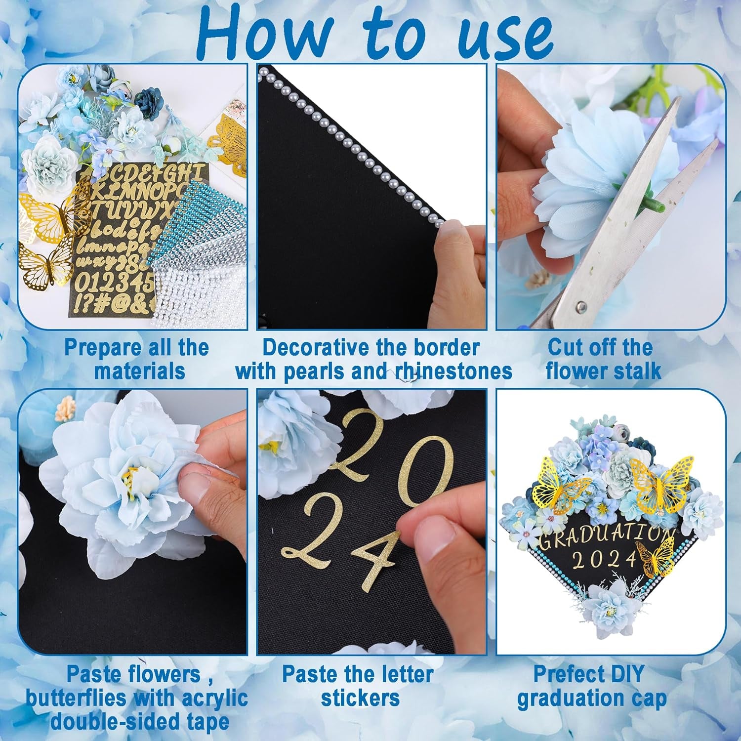 Graduation Cap Decorations Kit Include Assorted Flowers 3D Butterfly Stickers Glitter Rhinestones Alphabet Letter Number Stickers for DIY Grad Cap 2024 Graduation Party Supplies (Blue Flower)