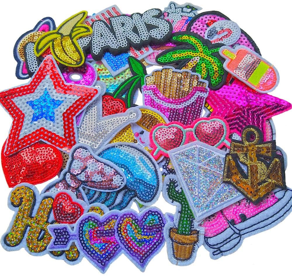 32Pcs Assorted Styles Colorful Sequins Sewing On/Iron on Embroidered Patches Clothes Dress Hat Pants Shoes Curtain Sewing Decorating DIY Craft Embarrassment Applique Patches (Sequins-2)