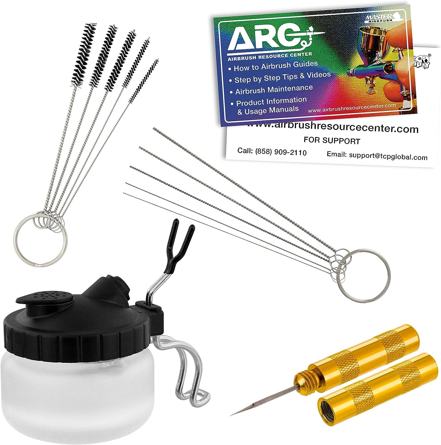 13 Piece Airbrush Cleaning Kit - Glass Cleaning Pot Jar with Holder, 5 Pc Cleaning Needles, 5 Pc Cleaning Brushes, 1 Wash Needle, & How to Link Card