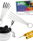 13 Piece Airbrush Cleaning Kit - Glass Cleaning Pot Jar with Holder, 5 Pc Cleaning Needles, 5 Pc Cleaning Brushes, 1 Wash Needle, & How to Link Card