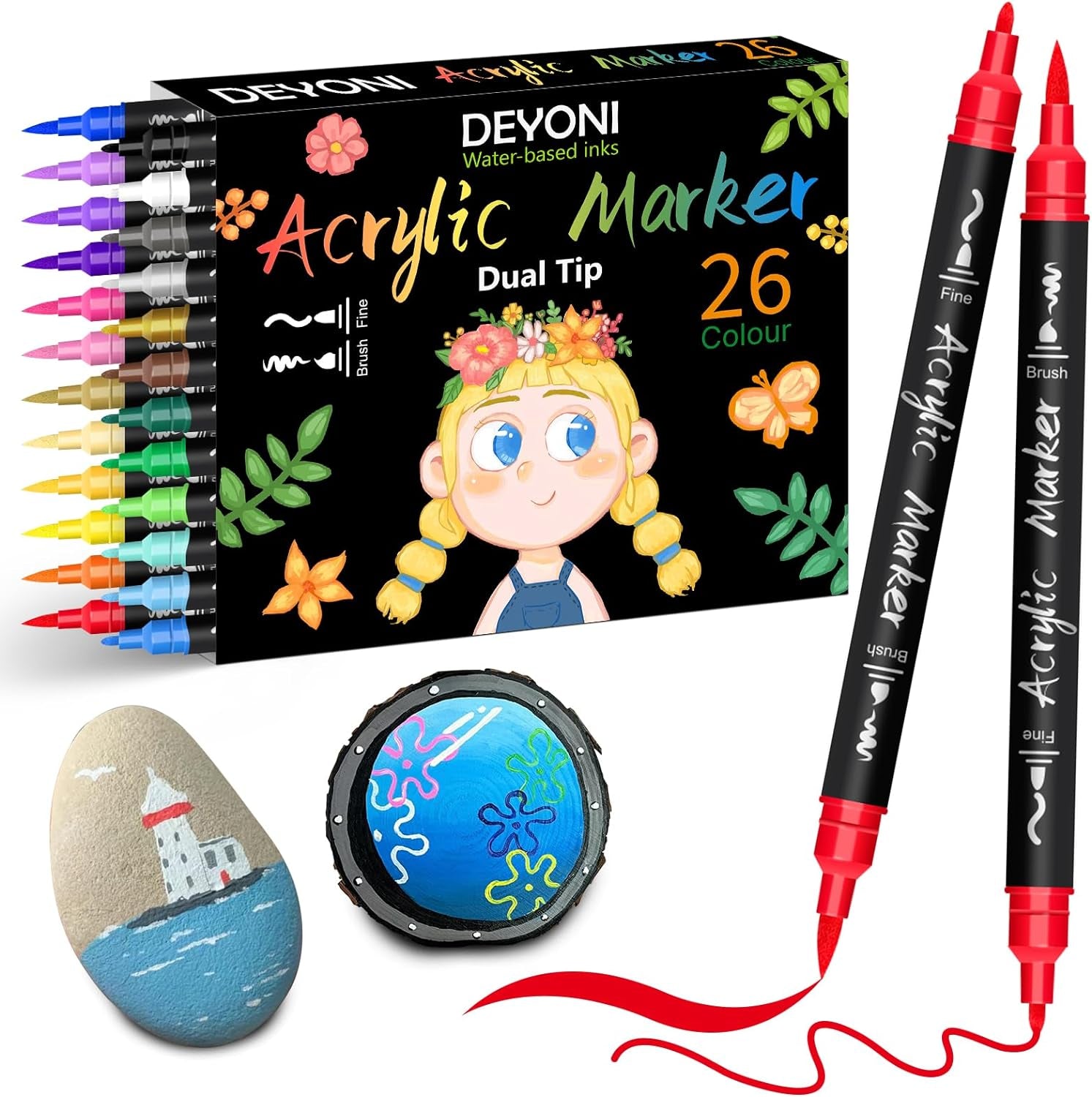 Dual Tip Acrylic Paint Pens, 26 Colors, Medium and Brush Tips, Ideal for Rock Painting, Ceramic, Wood, Plastic, Calligraphy, Scrapbooking, Card Making, DIY Crafts