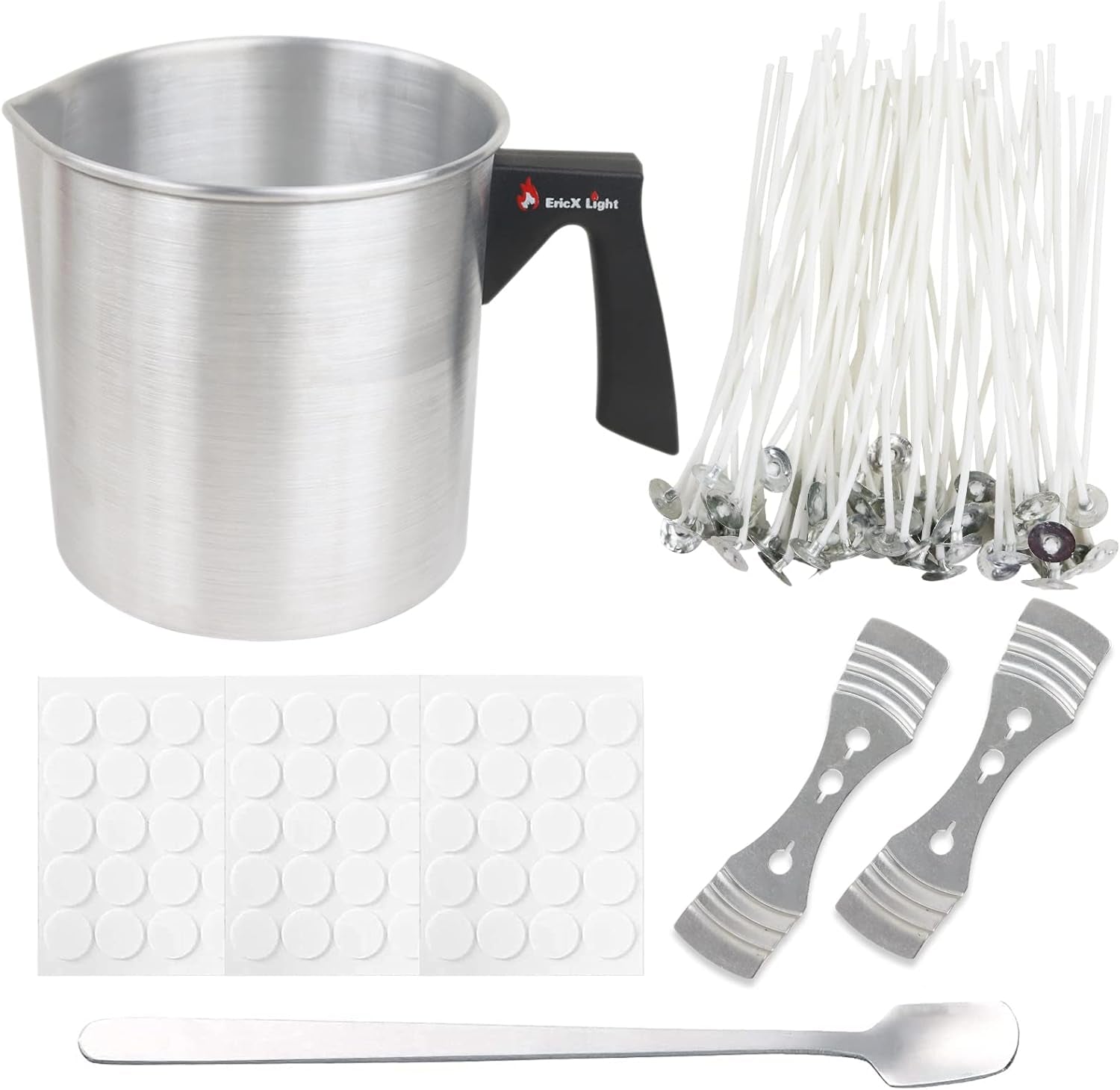 Candle Making Kit, 60Pcs Candle Wicks, 60Pcs Candle Wicks Sticker, 1Pc Candle Wax Pouring Pot, 2Pcs 3-Hole Wicks Centering Devices, 1Pc Mixing Spoon, DIY Candles Craft Tools