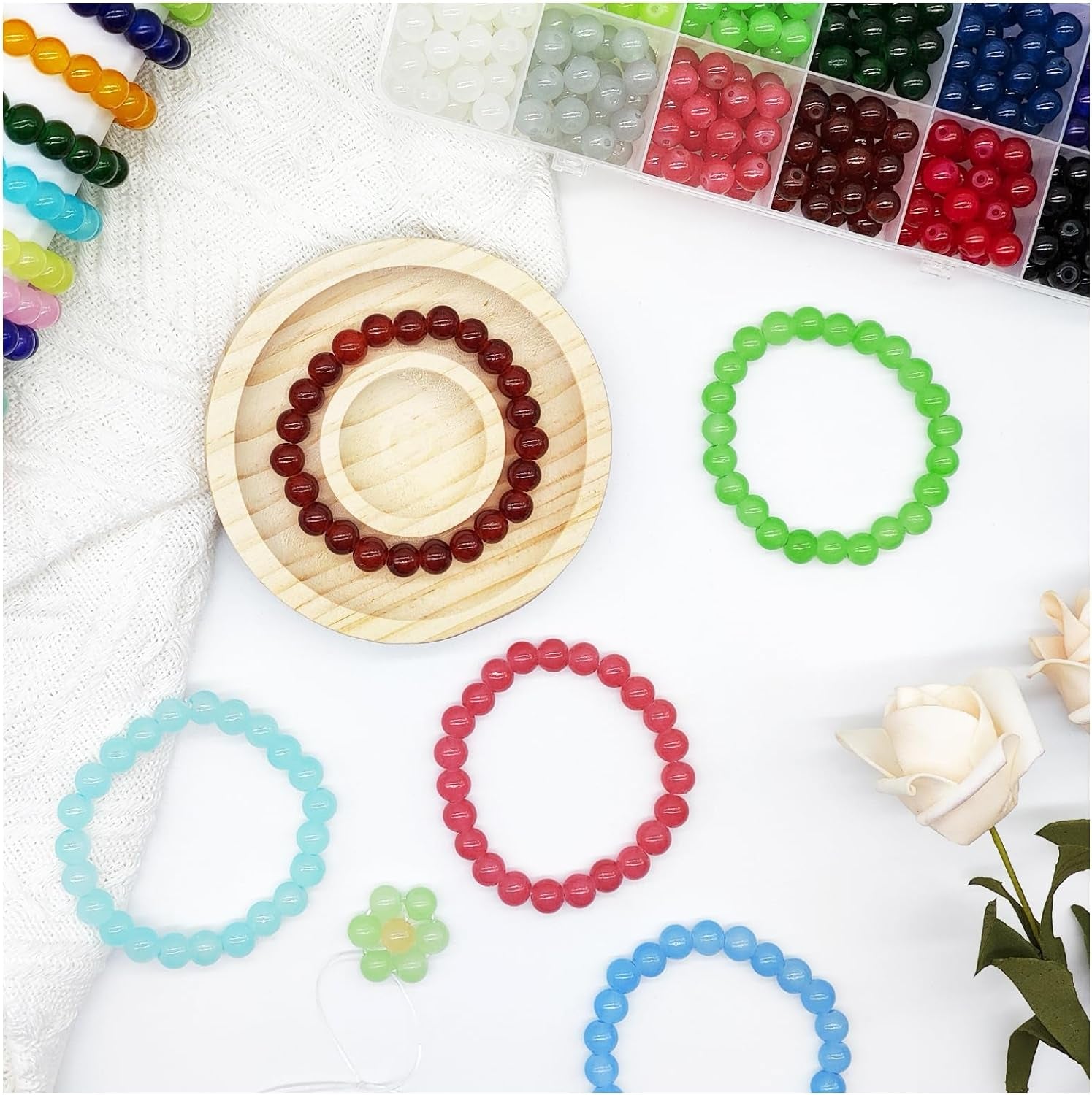 1200Pcs 8Mm Glass Beads for Bracelets Making, 24Colors Crystal Glass Beads Jewelry Making Kit, round Beads for DIY Bracelet Crafts