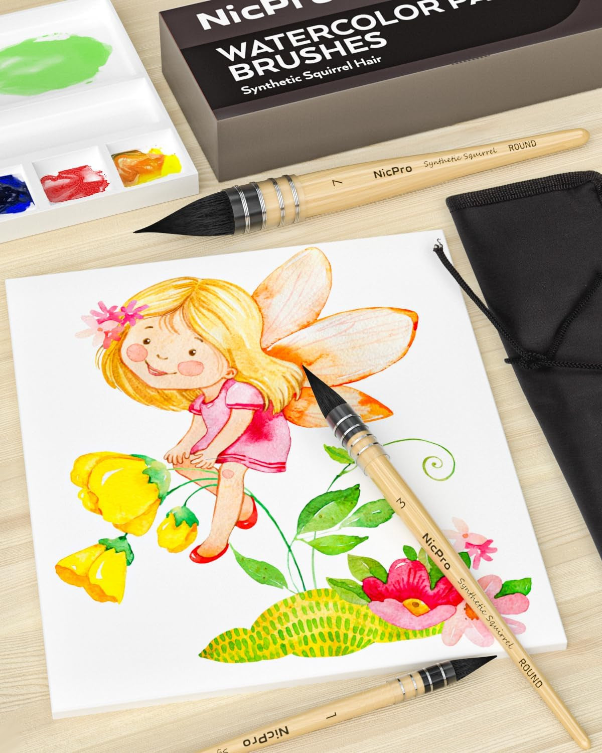 Professional Watercolor Paint Brushes with Nylon Bag, 9 PCS Mop Paintbrush, round Synthetic Squirrel Hair, Bulk Paint Brushes for Watercolor Painting, Gouache, Acrylic, Oil, Wood Color