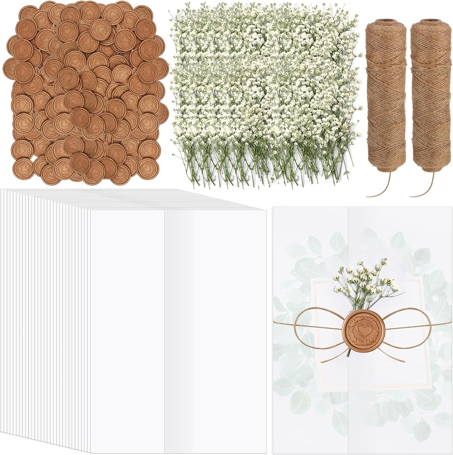 50 Sets Wedding Invitations Wraps Set Include Pre Folded Vellum Jackets for 5 X 7 Inch Invitations Mini Dried Flowers Gold Wax Seal Stickers for Wedding Birthday Bridal Baby Shower Craft DIY