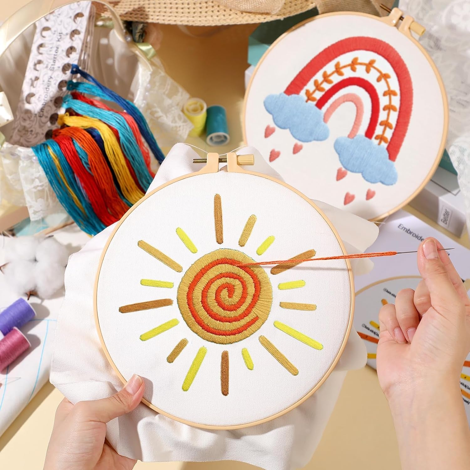 5 Set Embroidery Kit for Beginners Boho Rainbow Cross Stitch with Patterns Embroidery Hoops Instructions Embroidery Floss Needlepoint Kits DIY Adult Beginner Cross Stitch Crafts