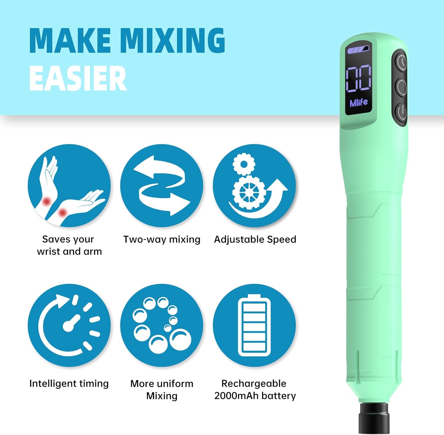 Epoxy Resin Mixer, Rechargeable Handheld Mixer, Epoxy Mixer for Resin with 4PCS Mixing Paddles,Resin Mixer Electric for Epoxy Resin, Silicone, Paint Mixing, DIY Crafts,Epoxy Stirrer(Light Green)