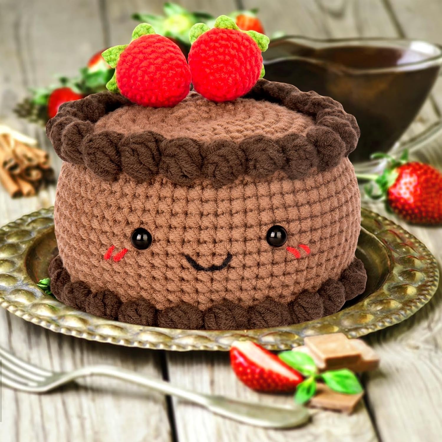 Crochet Kit for Beginners, Crochet Starter Kit with Step-By-Step Video Tutorials, Crochet DIY Knitting Supplies for Adults Kids, Chocolate Strawberry Cake(40%+ Yarn)