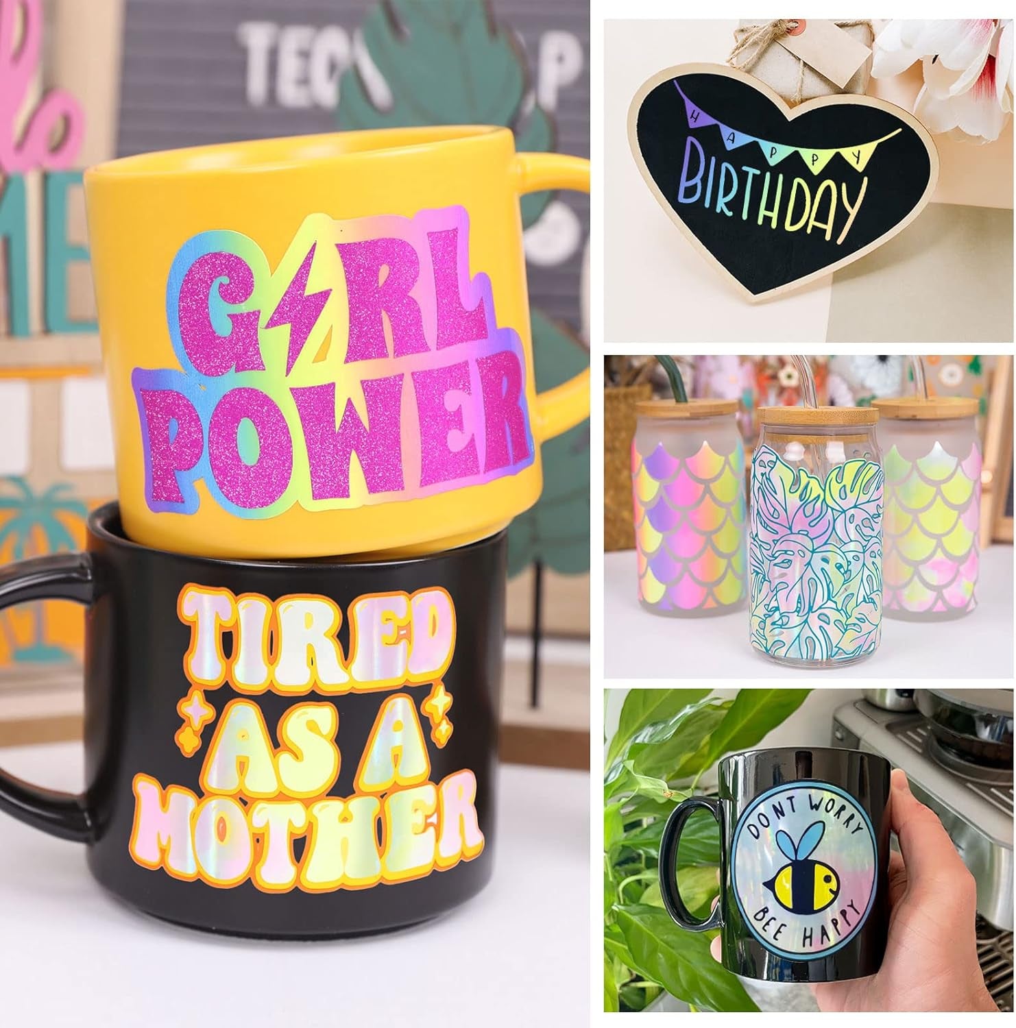 Holographic Vinyl Glossy Candy Color Adhesive Vinyl for Craft Cutter 12" X 5Ft, Pastel Rainbow