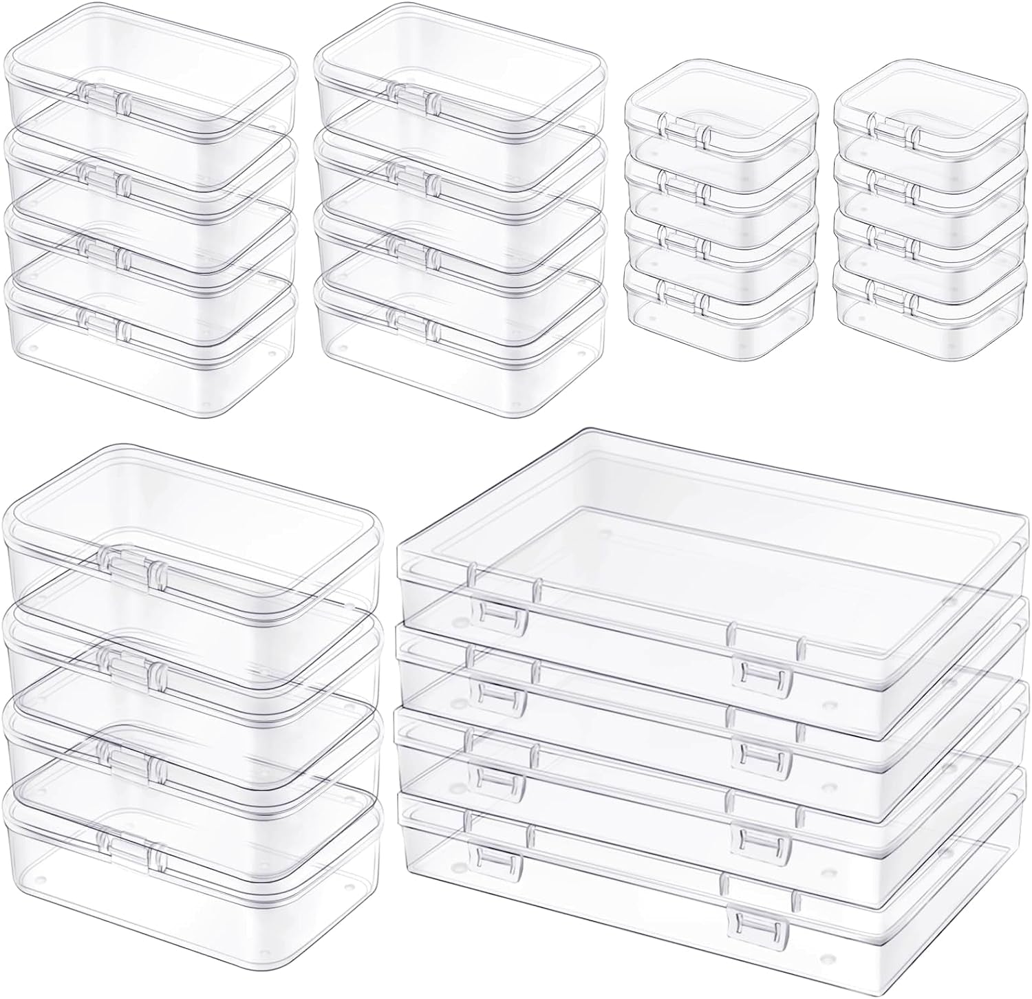 24 Pcs Small Plastic Containers with Lids - Mini Plastic Craft Storage Boxes with Hinged Lids Clear Bead Organizer for Jewelry Findings and Art Supplies (4 Mixed Sizes)