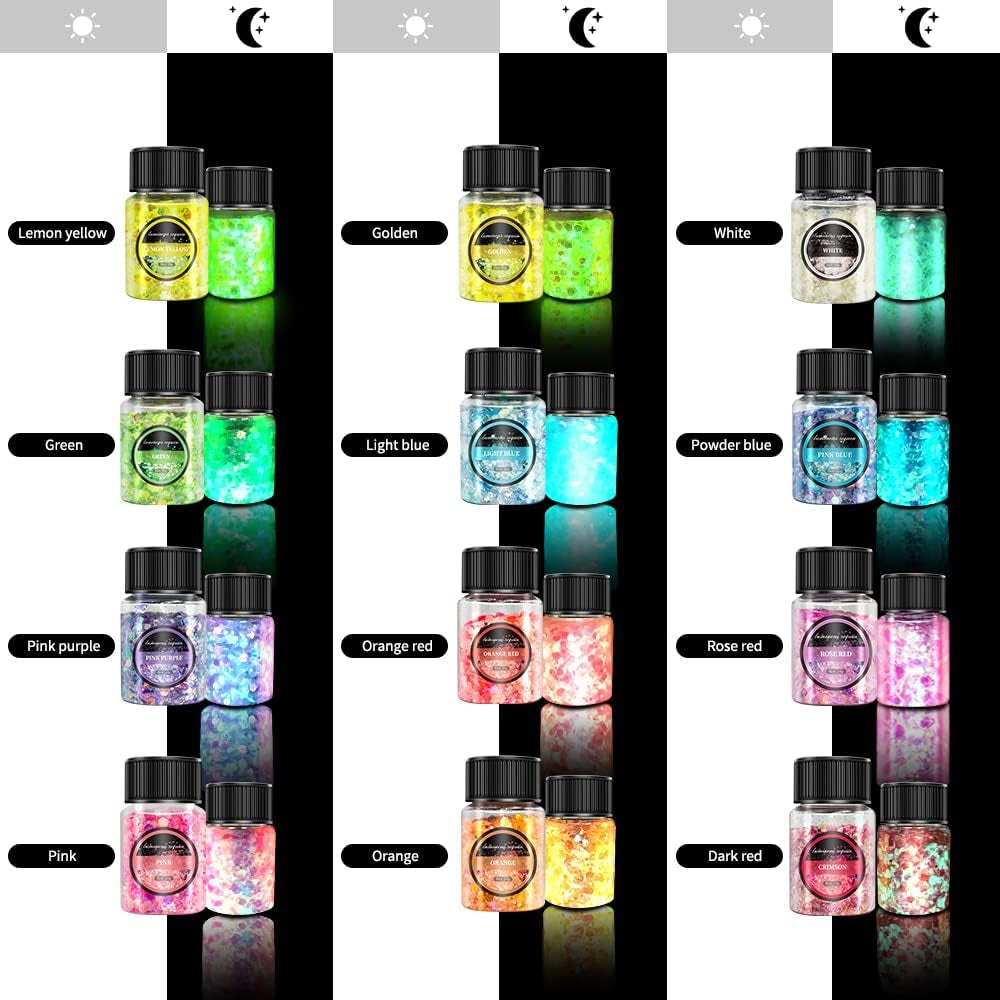 Glow in the Dark Glitter 15 Jar - 12 Colors Glow Glitter and 3 Colors Gold Foil Flakes, High Luminous Glitter for Resin Crafts, Cosmetic, Nail, Glowing Dye for DIY