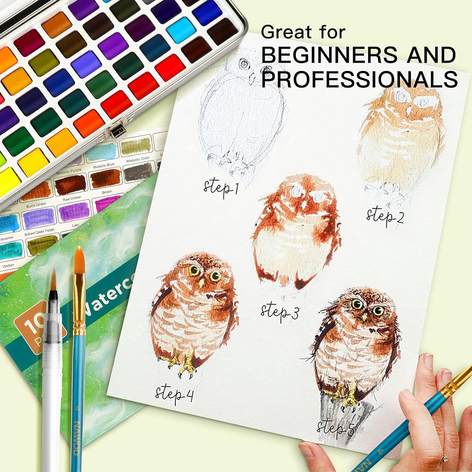 NAWOD Watercolor Paint Set, 50 Vivid Colors in Portable Box, Including Metallic and Fluorescent Colors, Watercolor Paper, Brushes. Ideal for Kids, Adults, Artists and Hobbyists, Perfect Starter Kit