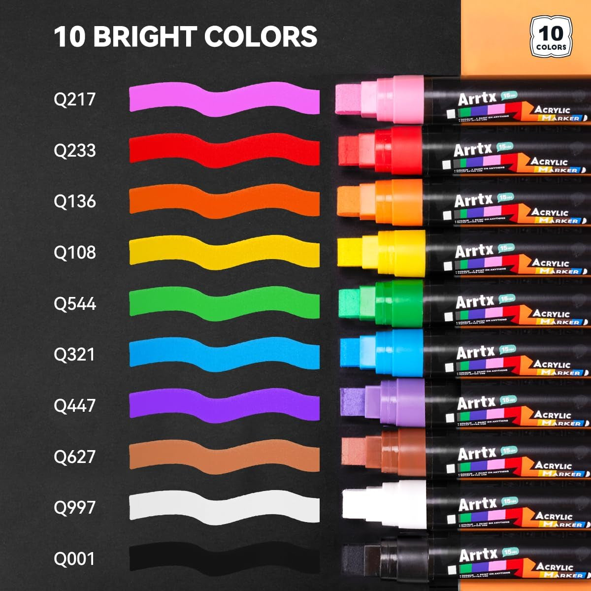 10-Piece Jumbo Acrylic Paint Markers, 15Mm Felt Tip, Waterproof, Odorless, Non-Toxic, Multi-Surface Art Supplies for Rock Painting, DIY Crafts Making