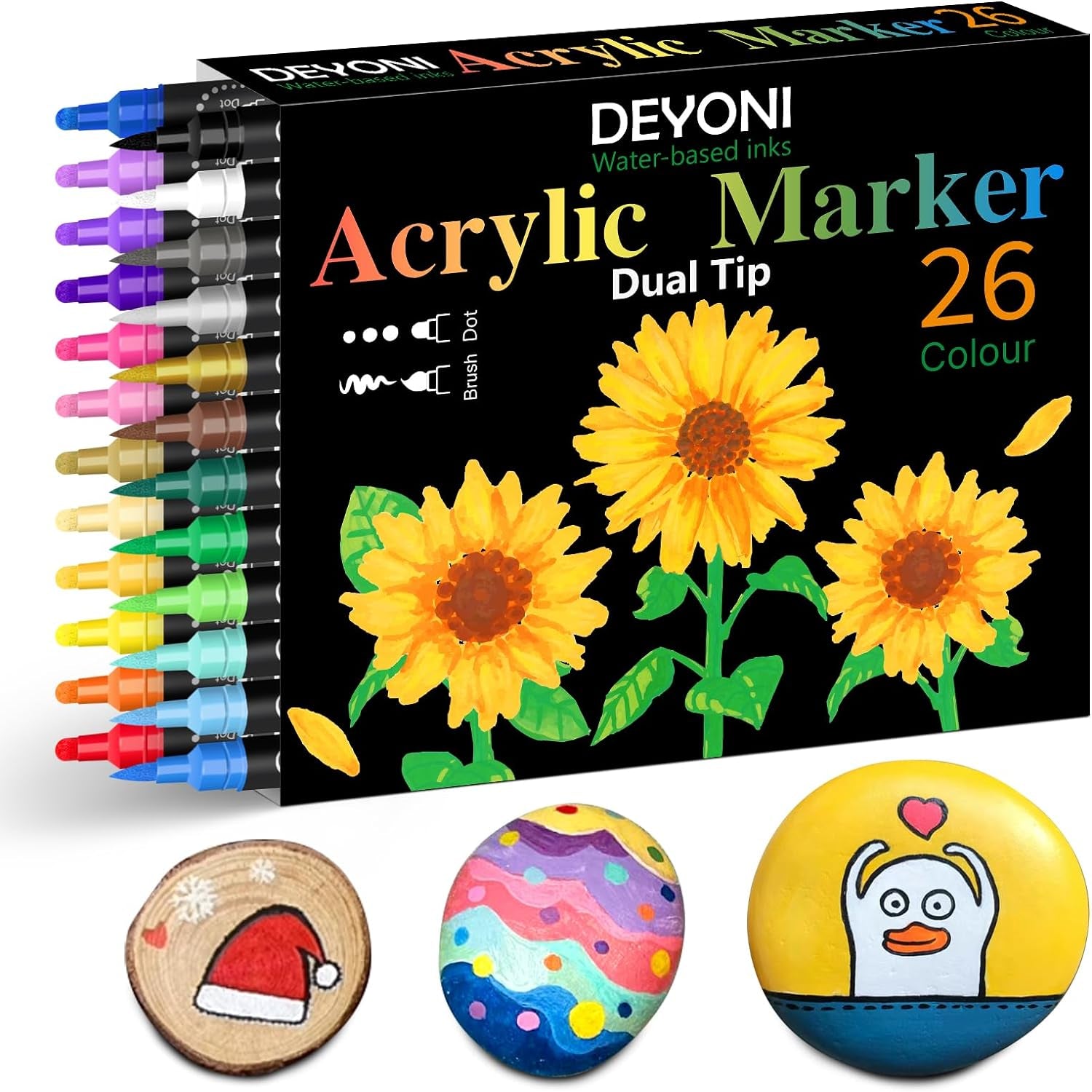 Dual Tip Acrylic Paint Pens, 26 Colors, Medium and Brush Tips, Ideal for Rock Painting, Ceramic, Wood, Plastic, Calligraphy, Scrapbooking, Card Making, DIY Crafts