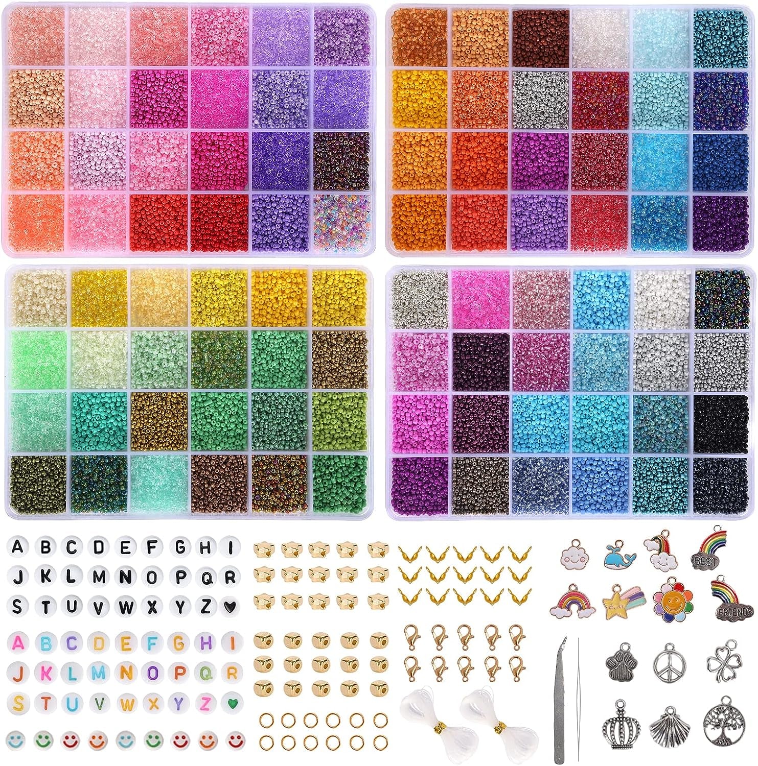 48000Pcs Glass Seed Beads Kit for Jewelry Making, 96 Colors 2Mm Small Beads with Pendant Charms and Letter Beads for Friendship Bracelet, Necklace Ring Making