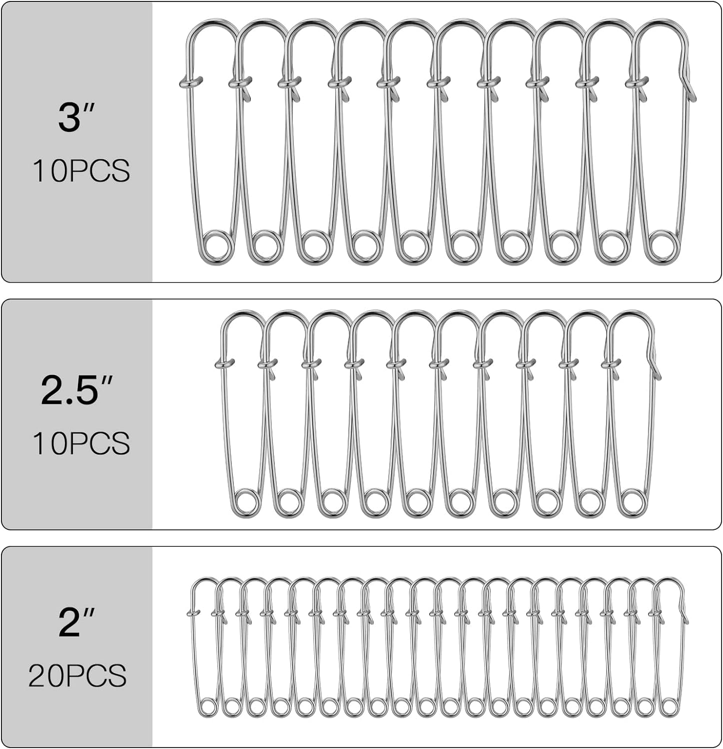 Large Safety Pins Pack of 40, Safety Pins Heavy Duty Assorted (2", 2.5", 3"), Blanket Pins Safety Pin Extra Sturdy Bulk Pins for Blankets, Skirts, Crafts, Kilts