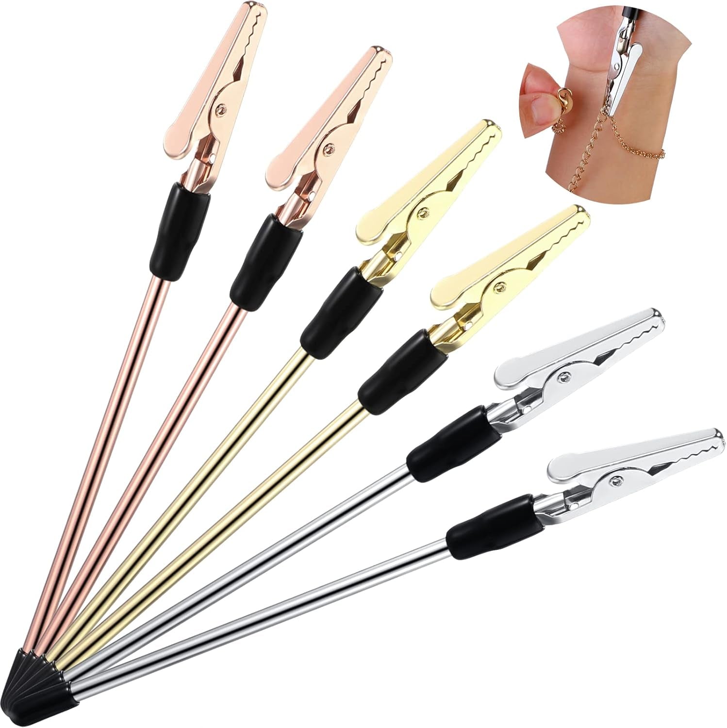 Bracelet Tool Jewelry Helper Hand Bracelet Helpers Fastening and Hooking Equipment for Jewelry Bracelet Necklace Watch Clasps Zipper Valentine'S Gift 6.1 Inch, Gold Silver and Rose Gold (6 Pieces)