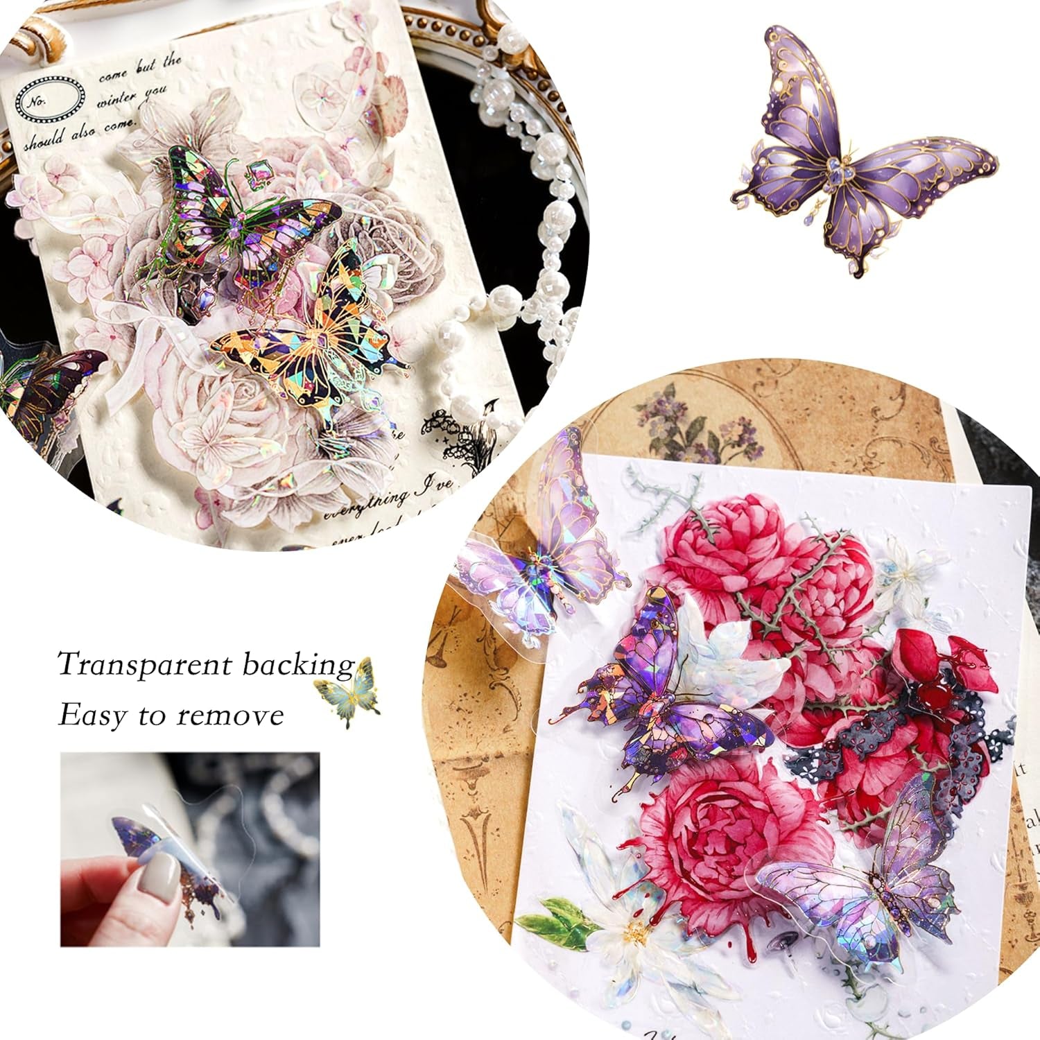 Butterfly Stickers Set (120 Pieces with 6 Themes)-Gorgeous Crystals Holographic Transparent Resin Waterproof Sticker Decals for Scrapbook Supplies Junk Bullet Journals Laptop Crafts Decor