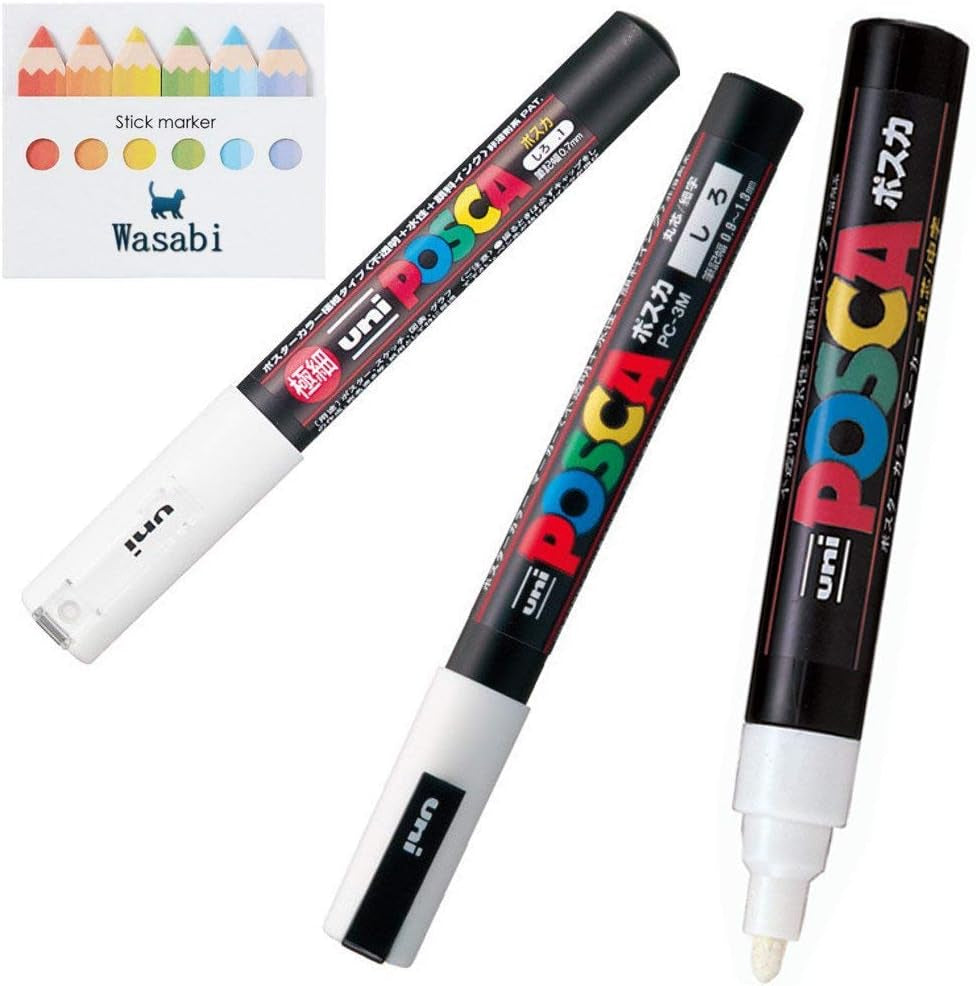 3 Kinds of  Posca 【White】Paint Marker Pen Extra Fine 0.7Mm / Fine Point 0.9-1.3Mm / Medium Point 1.8-2.5Mm & Our Shop Sticky Note / VALUE SET!!!