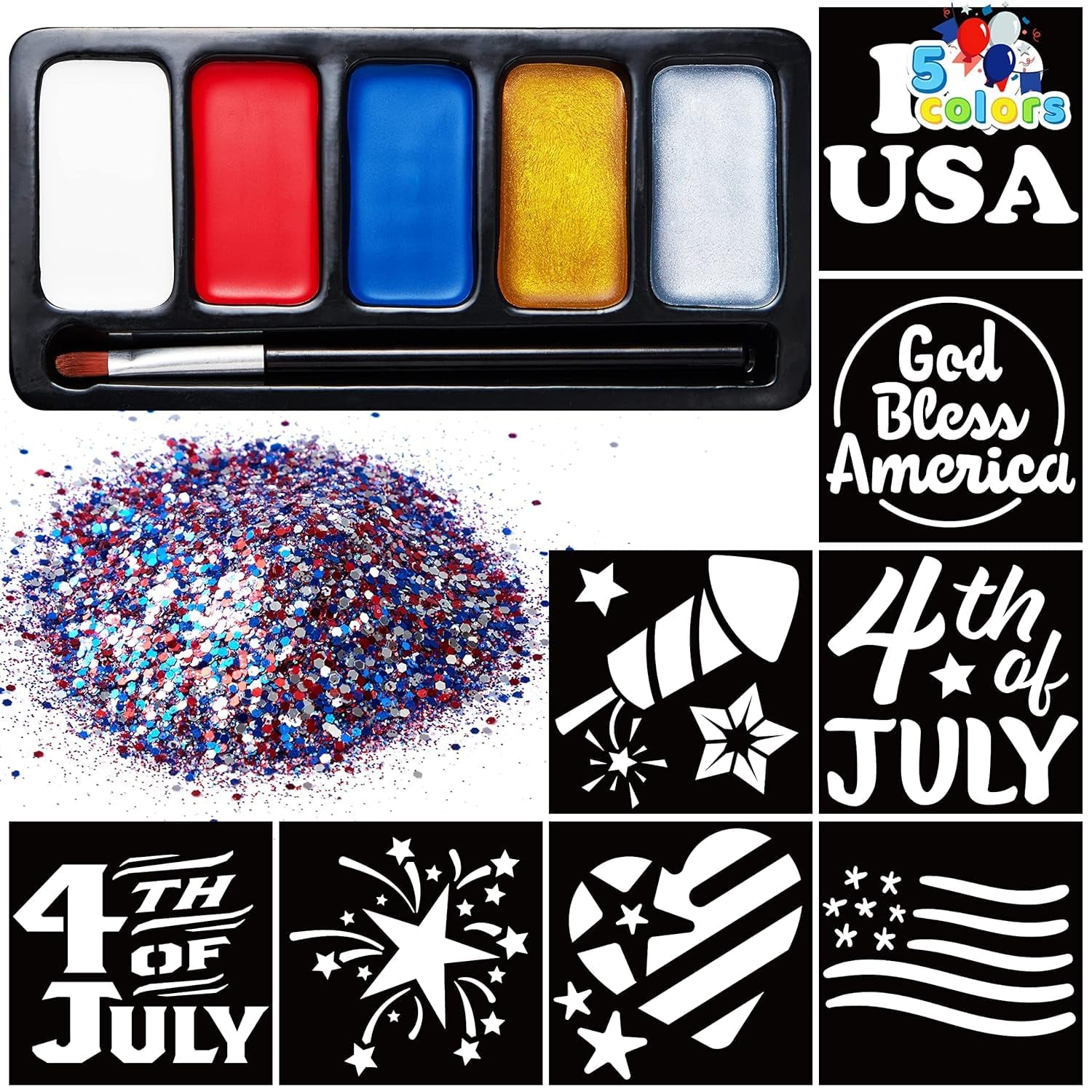 5 Colors Patriotic Face Paint Kit with Glitter and 16 Pcs Stencils Sticker for Kids, 4Th of July Face Paint Red White Blue Face Paint for Independence Day, Memorial Day Party, Veterans Day
