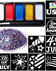 5 Colors Patriotic Face Paint Kit with Glitter and 16 Pcs Stencils Sticker for Kids, 4Th of July Face Paint Red White Blue Face Paint for Independence Day, Memorial Day Party, Veterans Day