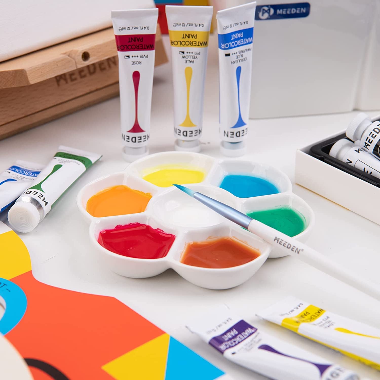 7-Well Studio Porcelain Paint Palette Tray,Artist Mixing Colour Tray by 4-3/4 Inches for Watercolor Gouache Painting,Round,White