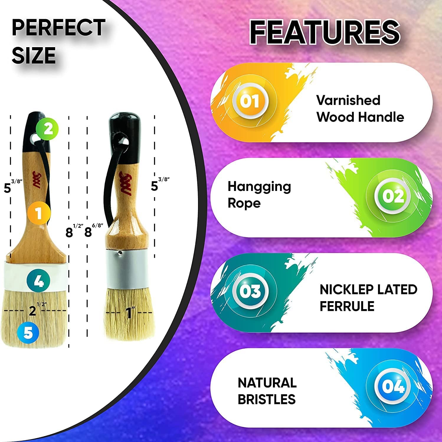 Chalked Paint and Wax Brush for Furniture - Premium Pack of 2, Natural Bristles, Compatible with All Types of Chalk Paints, Stencils &amp; Furniture Wax - Superior Paint Pick-Up &amp; Release, No Shedding