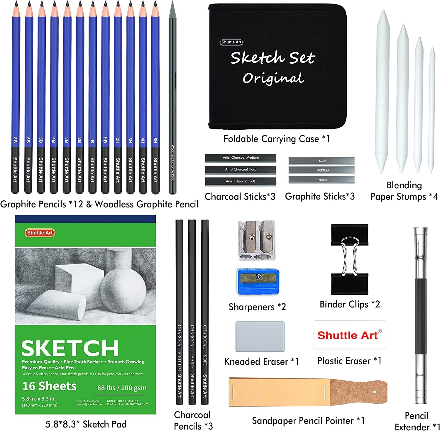 Sketching and Drawing Pencils Set, 37-Piece Professional Sketch Pencils Set in Zipper Carry Case, Drawing Kit Art Supplies with Graphite Charcoal Sticks Tool Sketch Book for Adults Kids