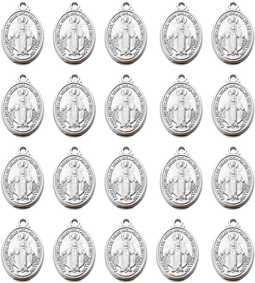 60Pcs Our Lady Miraculous Medal Floral Rosary Centerpiece Cross Jesus Virgin Mary Catholic Alloy Crucifix Charms for DIY Jewelry Making 12Mmx20Mm(A585)