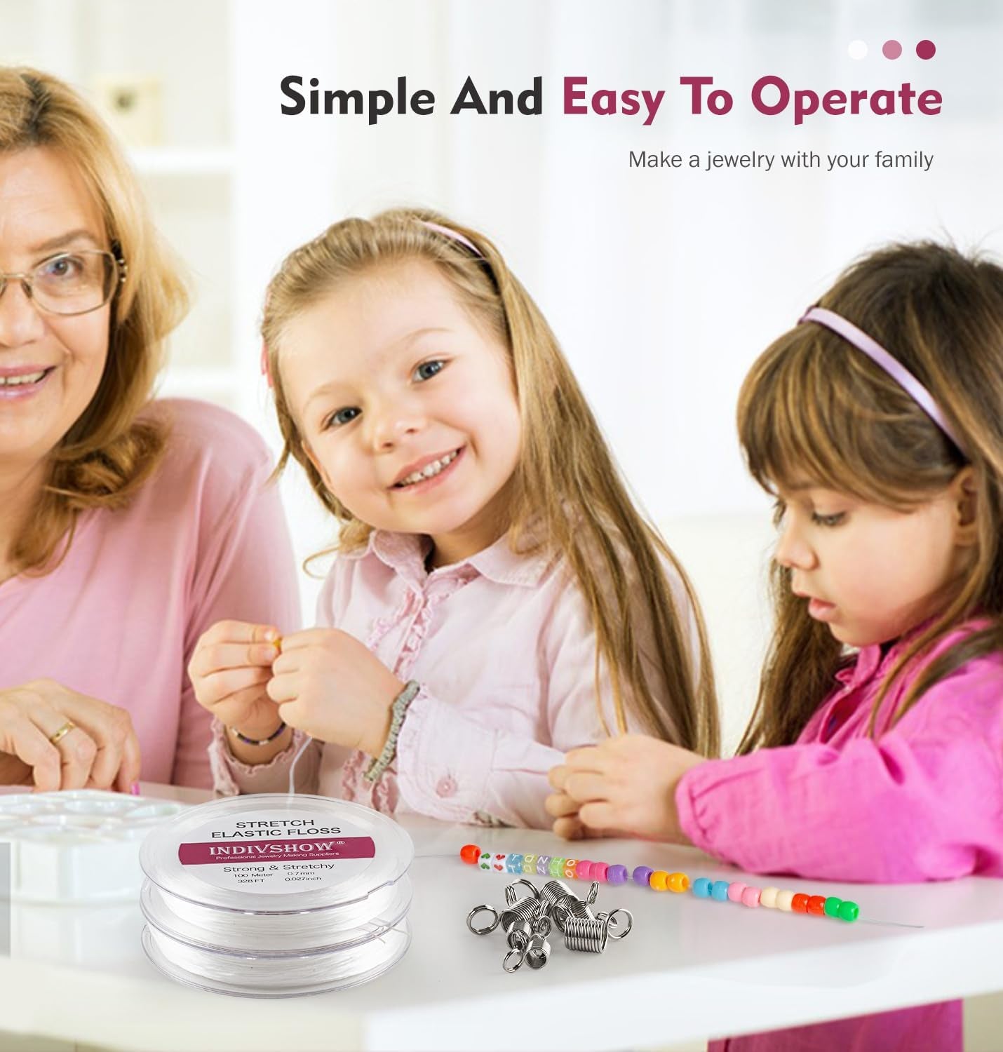 Elastic Bracelet String Cord Stretch Bead Cord with 6Pcs Bead Stoppers and 1Pc Big Eye Beading Needle for Jewelry Making and Bracelet Making White