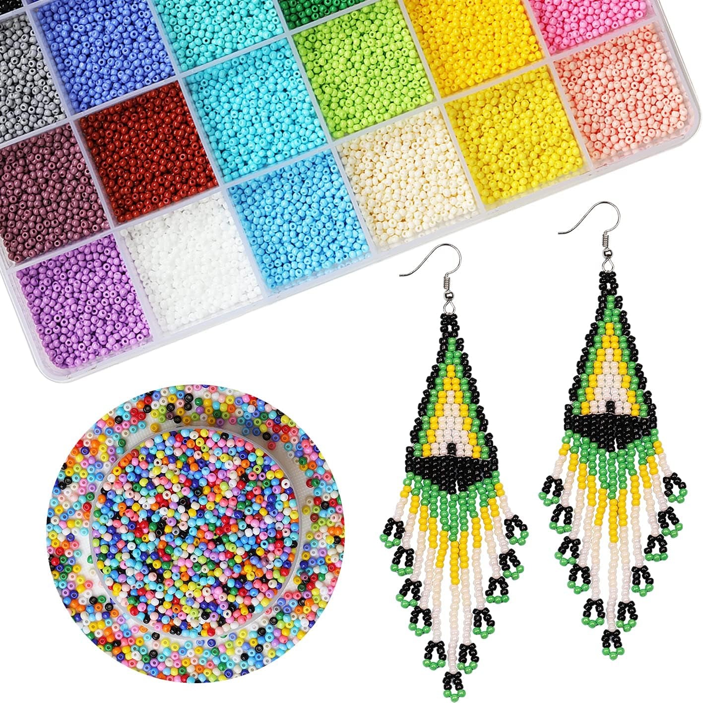 2Mm round 12/0 Size Almost Uniform Seed Beads with Beading Tool, about 18000Pcs in Box 24 Multicolors Assortment Small Craft Seed Beads for Earring Making