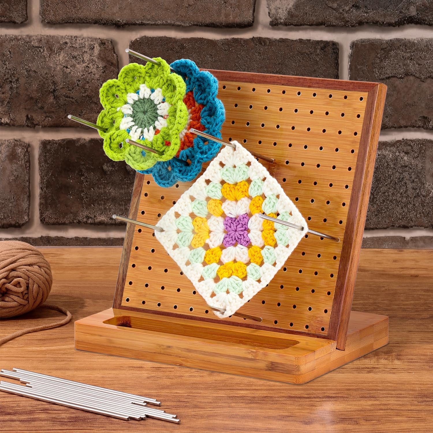 7.8" Crochet Blocking Board with 20 Pins/Pegs, Blocking Board for Crocheting Knitting, Bamboo Granny Square Blocking Boards for Crochet Projects, Wooden Crocheting Accessories Gifts for Crocheters