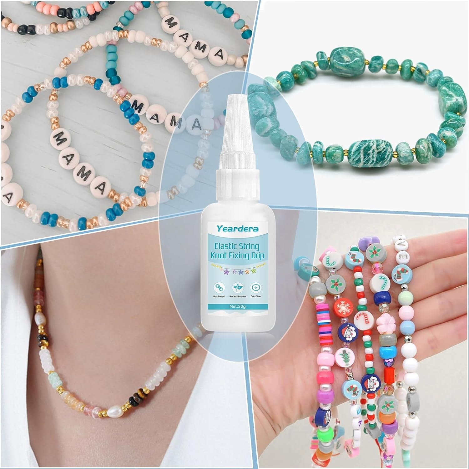 Bracelet String Professional Elastic String Kont Fixing Drip 60G, Clear Bracelet Glue, Keep Stretchy Bracelet String Stay Perfectly Tied for Clay Beads, Jewelry Making Supplies（2Pcs 30G/1Pcs）