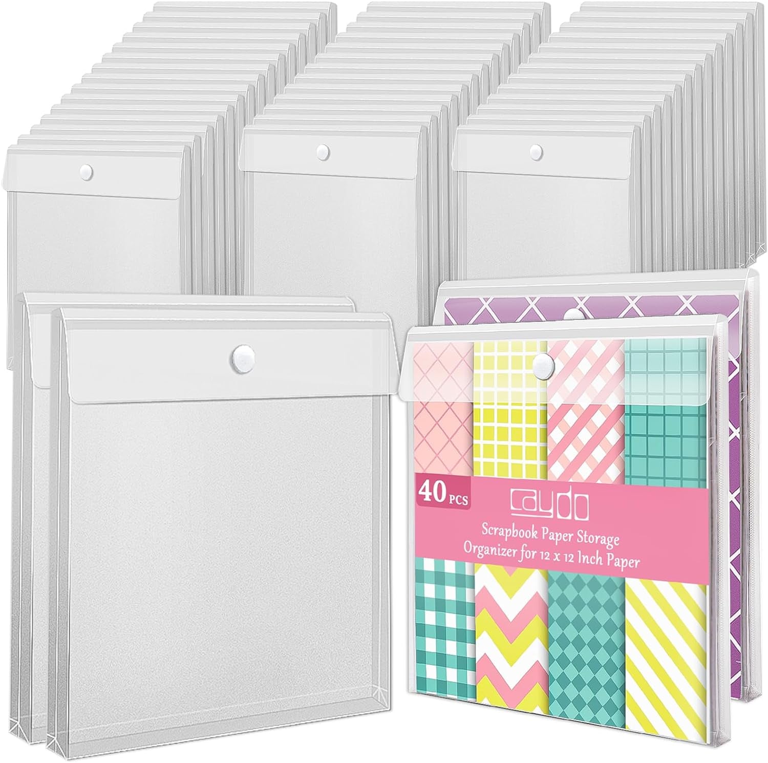 24 Pieces Scrapbook Paper Storage with Hook and Loop Closure, Plastic 12X12 Paper Storage Organizer with 30 Pieces Adhesive Stickers for Holding Scrapbook Paper, Vinyl Paper