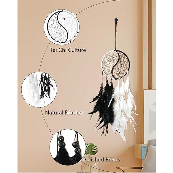 Handmade Tai-Chi Dream Catcher Black with Feathers and Beads - Approximately 50cm, Hangable Decor for Home &amp; Car, Unique Craftsmanship &amp; Symbolism - Ornaments, Hanging Circle Gift Decoration Traditional