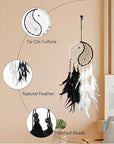 Handmade Tai-Chi Dream Catcher Black with Feathers and Beads - Approximately 50cm, Hangable Decor for Home & Car, Unique Craftsmanship & Symbolism - Ornaments, Hanging Circle Gift Decoration Traditional