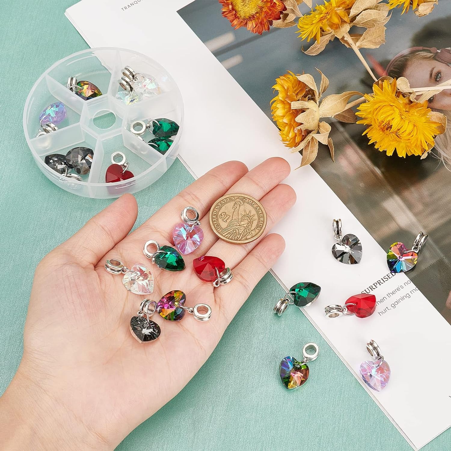 6 Colors Heart Glass Charms 30Pcs Faceted Heart Pendants Valentine Charms Crystal Dangle Charms with Bail Hanger Large Hole Beads for Wedding Mother Necklace Bracelets Making, Hole: 5Mm