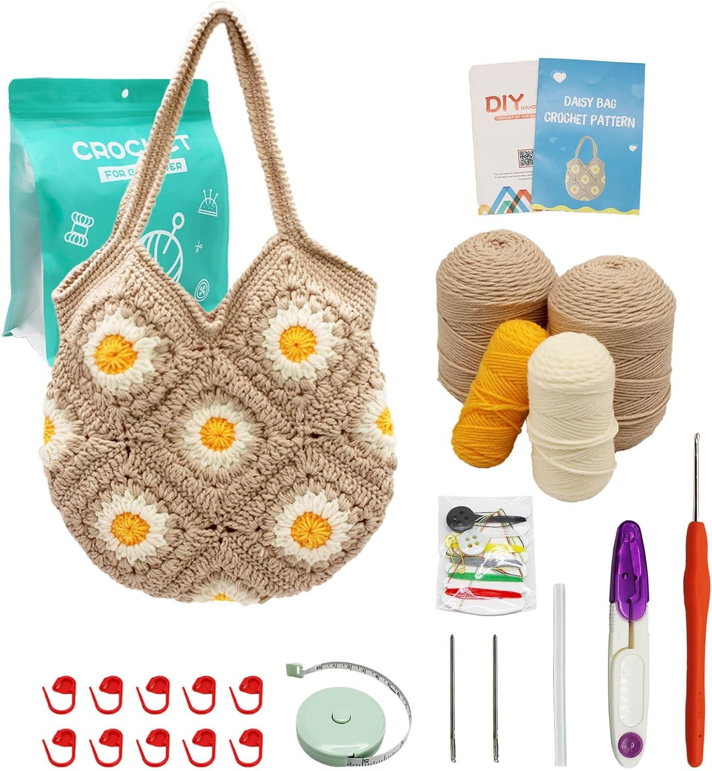 Crochet Kit for Beginners Daisy Tote Bag DIY Knitting Kits of Daisy Tote Bag with Step-By-Step Video Tutorials Crochet Kit Beginners for Adults and Kids