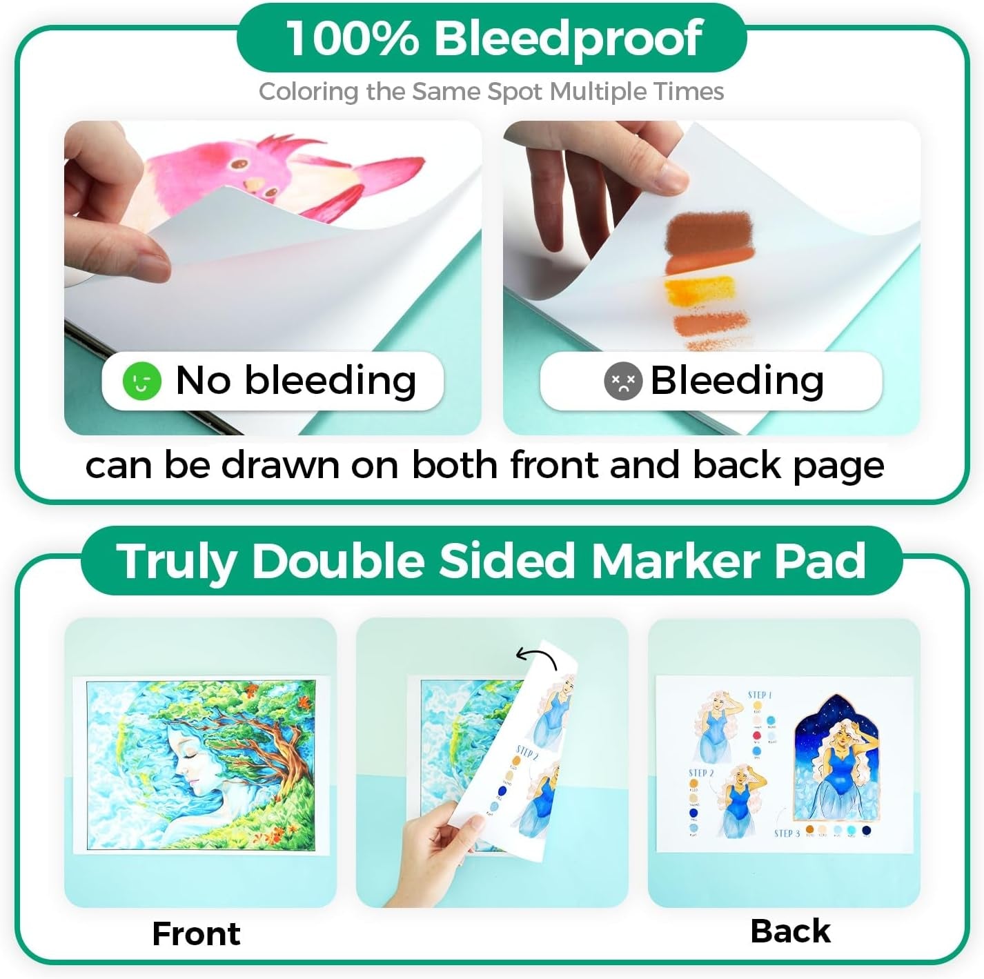 Double Sided Marker Pad Art Sketchbook Bleedproof - 9"X12" Large Paper Size - 90LB/150GSM Smooth Drawing Paper - 60 Sheets/120 Pages, Glue-Bound Sketching Book for Alcohol Markers Christmas Gift