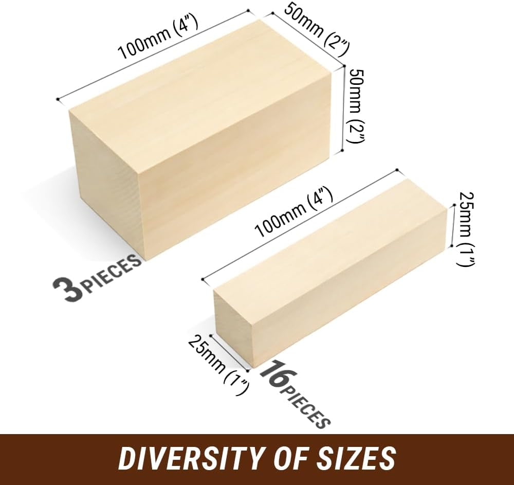 BW19 Basswood Carving Blocks Whittling Wood Carving Kit 19PCS Wooden Blocks for Crafts Bass Wood for Carving - Unfinished Wood Blocks Set Craft Soft Wood Carving Blocks, Piece of Wood
