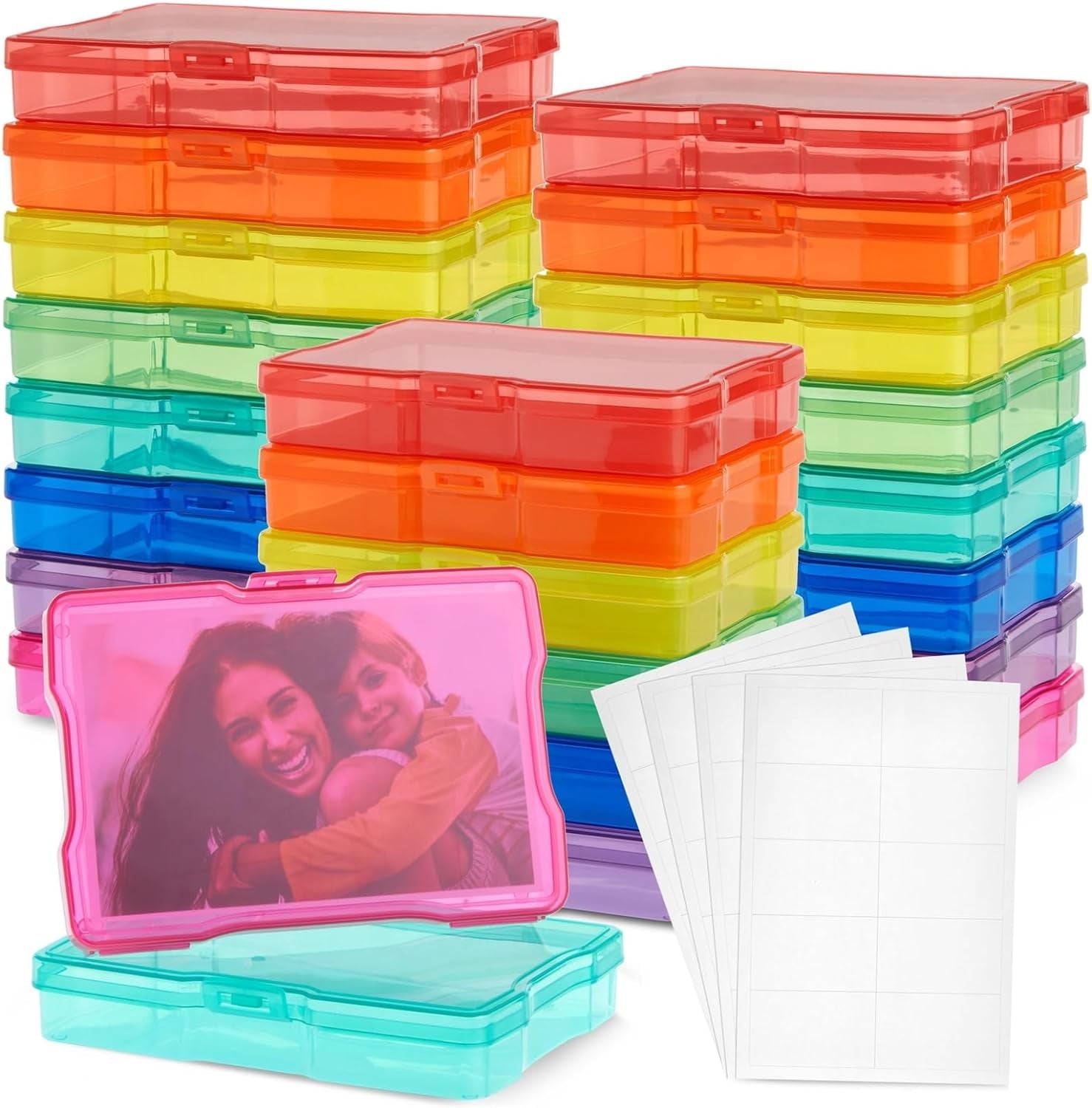24 Photo Storage Boxes for 4X6 Pictures, Photo Organizer Storage Containers with 40 Blank Labels (Clear, 64 Total Pieces)