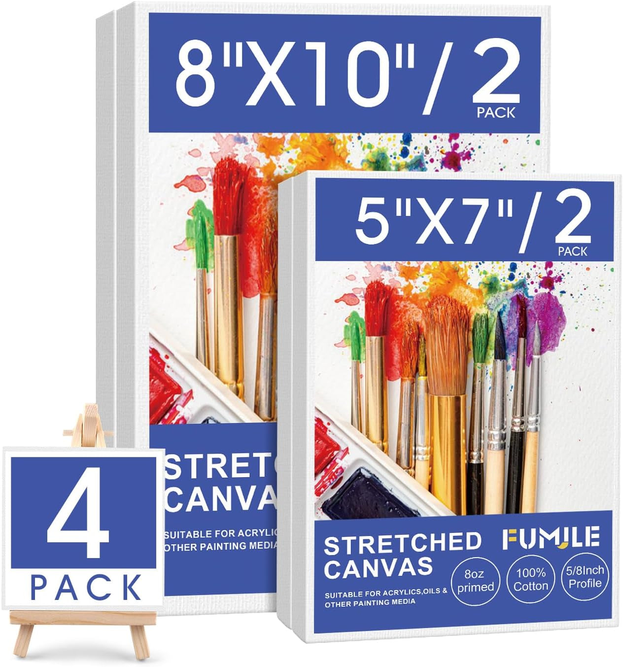Stretched Canvas for Painting 11X14 Inch, 8 Pack Blank Canvas -5/8 in Profile Primed Cotton White Canvases for Painting for Oil &amp; Acrylic Paint