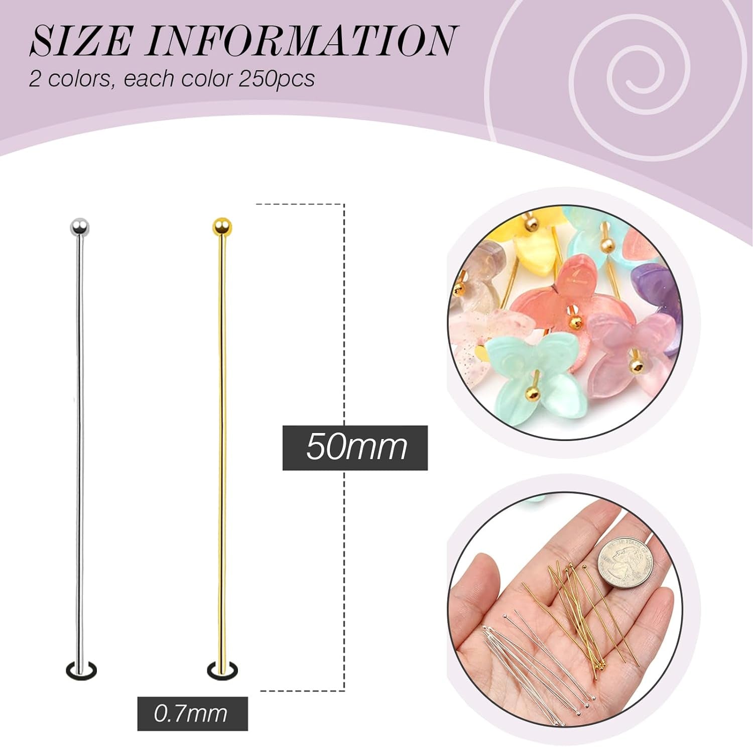 500Pcs Brass Ball Head Pins 2 Inch 50Mm Gold and Silver Headpins for DIY Charm Beads Crafts Jewelry Making
