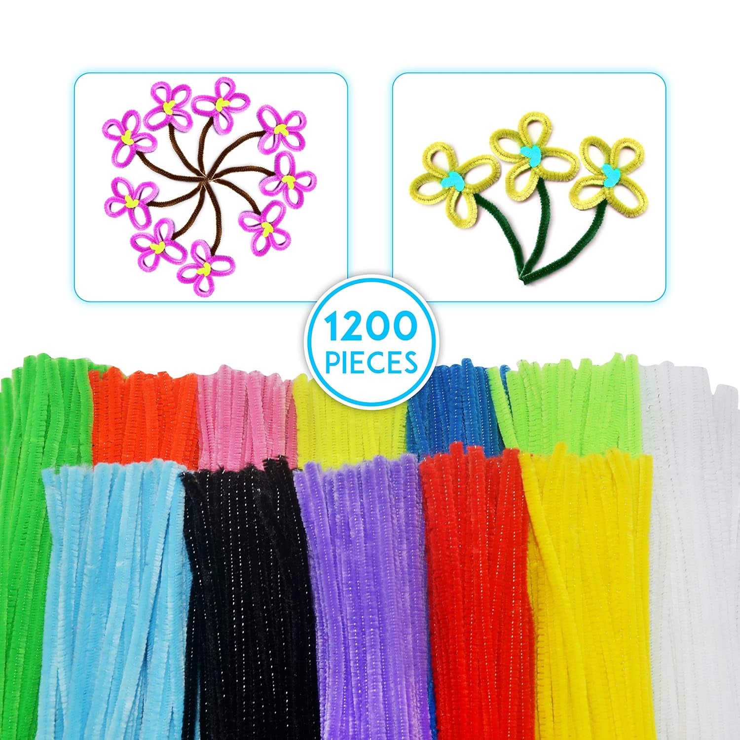 1300-Piece Arts & Craft Supply Set | Includes 1200 Chenille Pipe Cleaner Stems in 12 Colors & 100 Googly Eyes | Ideal for Use at Home & School for DIY Art & Craft Projects, Decoration & More