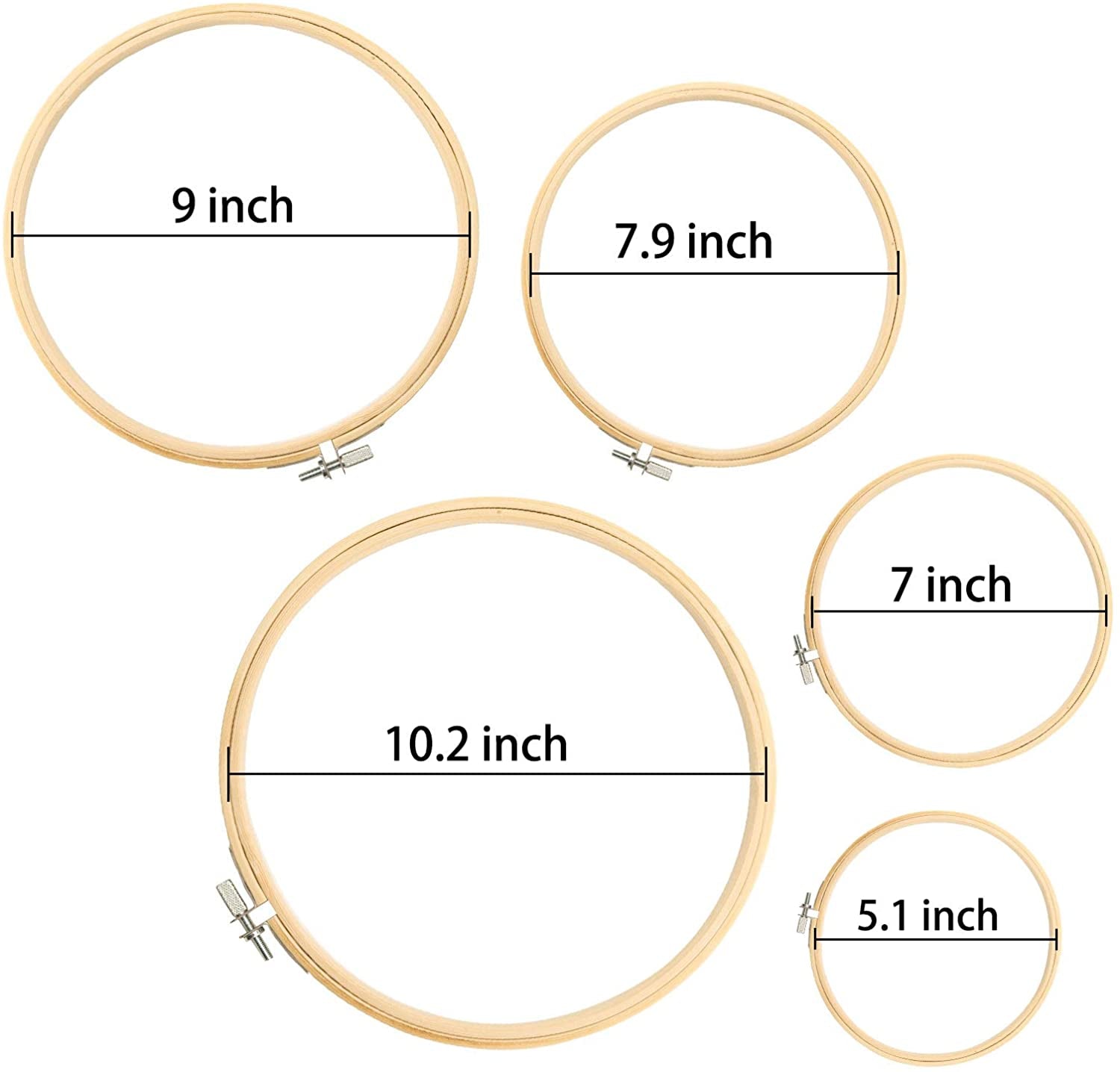 5 Pieces Embroidery Hoops Bamboo Circle Cross Stitch Hoop Ring 5 Inch to 10 Inch for Embroidery and Cross Stitch