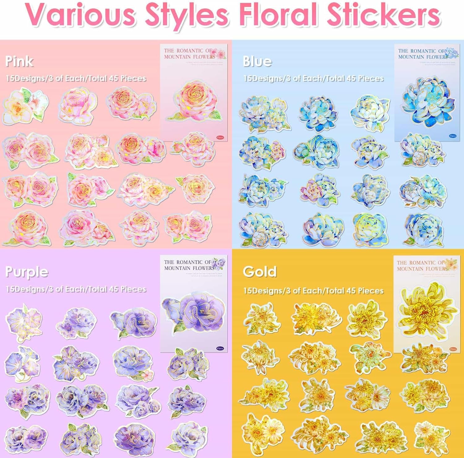 180Pcs Large Flower Stickers with Gold Foil Holographic Outlines, Waterproof Floral Stickers Vinyl Decorative Decals for Scrapbooking Supplies Junk Bullet Journals Envelopes Resin Crafts