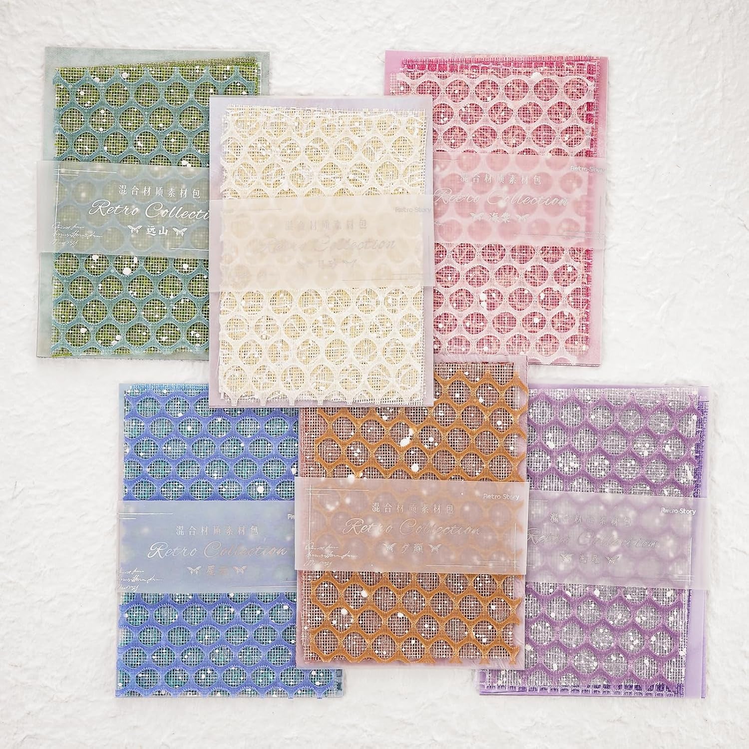90 Sheets Scrapbook Paper and Decorative Mesh Fabric Assorted Set - 6 Pack Mixed Special Paper for Scrapbooking Planner Bullet Junk Journal Supplies Mixed Media Collage Card Embellishment 5.1X7 Inch