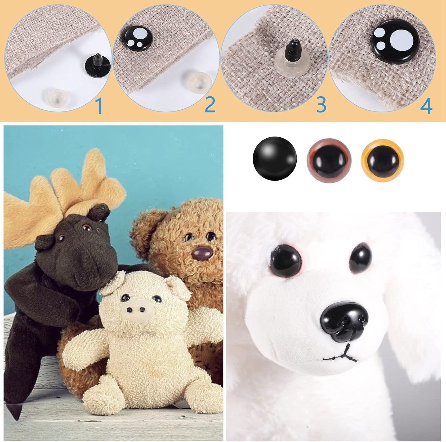 1060 Pcs Safety Eyes and Noses for Amigurumi, 6-16 Mm Colorful Safety Eyes with Washer Plastic Stuffed Crochet Eyes Craft Doll Eyes for Stuffed Animals Crochet Toy Christmas Stocking Stuffers